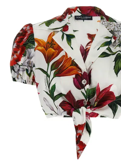 Dolce & Gabbana Anemone Floral Popeline Puff-sleeve Tie Crop Shirt In White