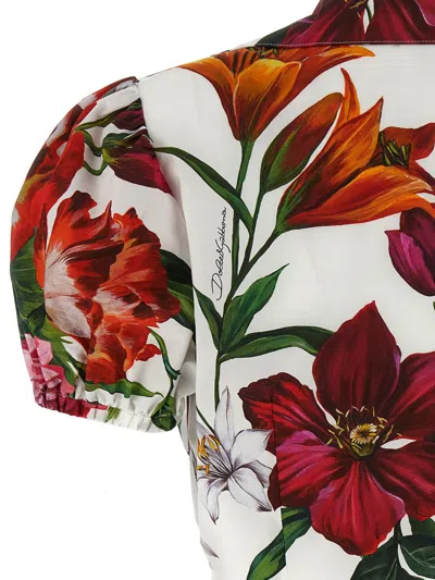 Dolce & Gabbana Anemone Floral Popeline Puff-sleeve Tie Crop Shirt In White