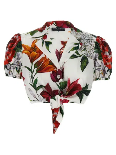Dolce & Gabbana Anemone Floral Popeline Puff-sleeve Tie Crop Shirt In White