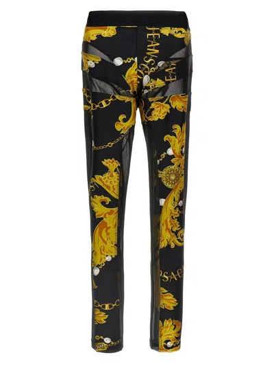 Versace Jeans Couture Leggings With Baroque Print And Mesh Panels In Multi