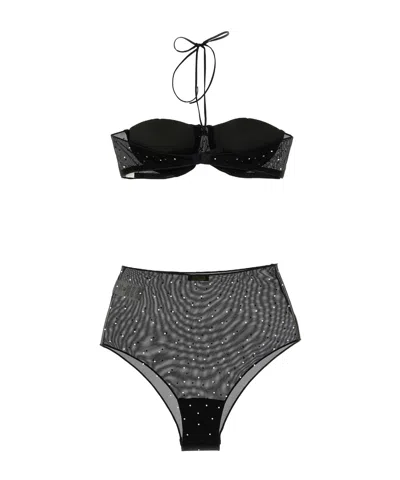 Oseree Crystal-embellished Mesh Bra Set In Black