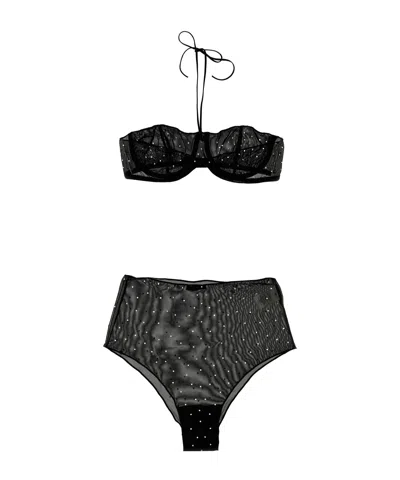 Oseree Crystal-embellished Mesh Bra Set In Black