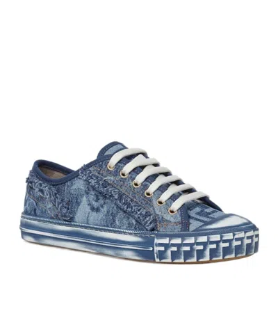Fendi Frayed-denim Trainers In Blue