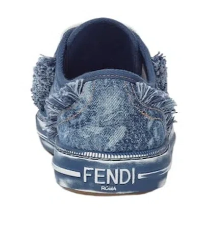 Fendi Frayed-denim Trainers In Blue