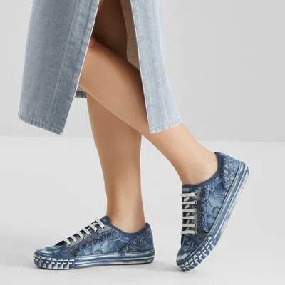 Fendi Frayed-denim Trainers In Blue
