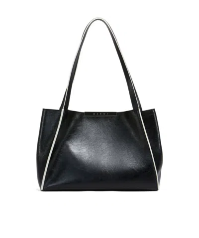Marni Black Leather Cresta E/w Small Tote Bag