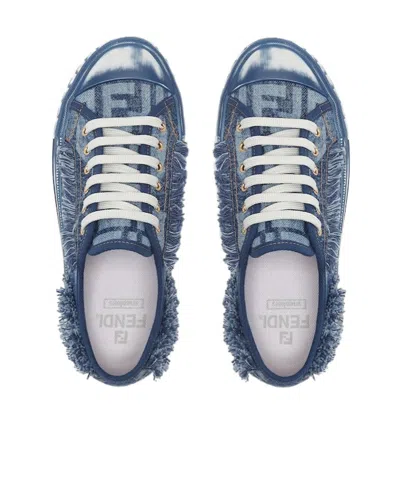 Fendi Frayed-denim Trainers In Blue