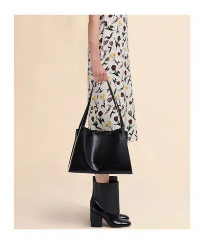 Marni Black Leather Cresta E/w Small Tote Bag