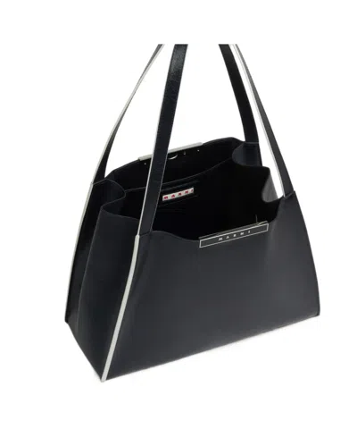 Marni Black Leather Cresta E/w Small Tote Bag