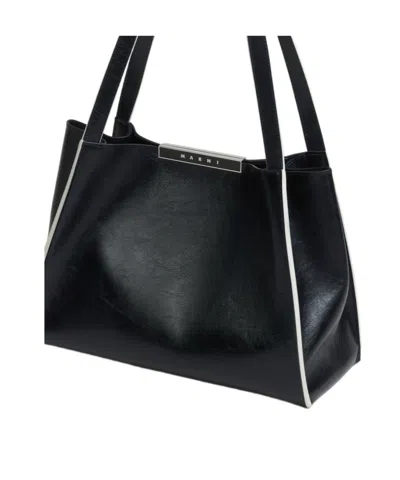 Marni Black Leather Cresta E/w Small Tote Bag