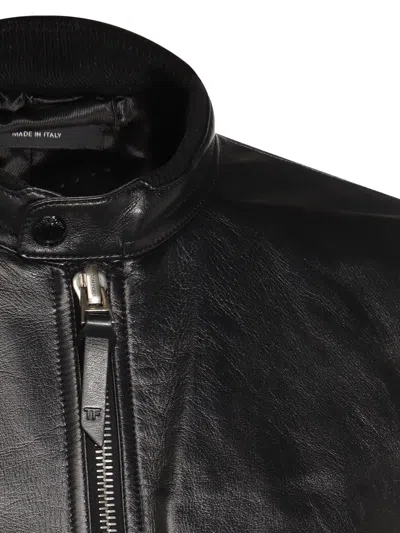 Tom Ford Leather Jacket With Front Pockets And High Collar In Black