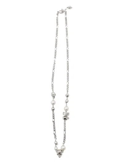 Alexander Mcqueen Link Chain Skull Pearl Necklace In Silver