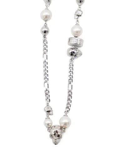 Alexander Mcqueen Link Chain Skull Pearl Necklace In Silver