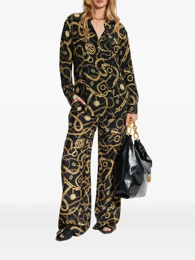 Balmain Chain-print Silk Trousers In Black