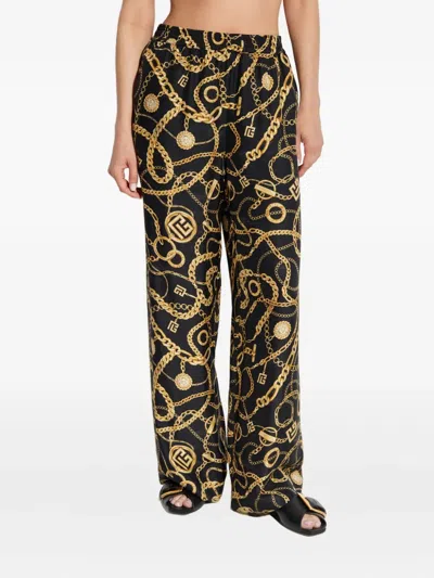 Balmain Chain-print Silk Trousers In Black