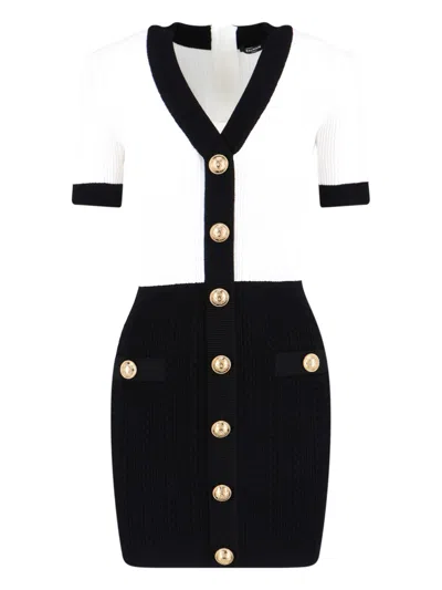 Balmain V-neck Buttoned Strong-shoulder Torsade Knit Mini Dress In White