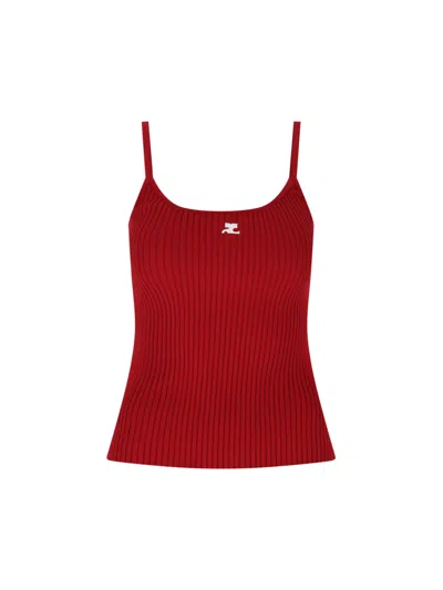 Courrèges Ribbed Texture Spaghetti Straps Top In Red