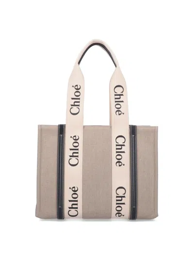 Chloé Linen Shoulder Bag With Logo Print. This Bag Is Made With Lower Environmental Impact Material