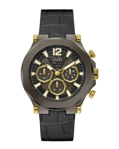Guess Men's Multi-function Black And Gunmetal Genuine Leather And Silicone Watch 46mm In Black