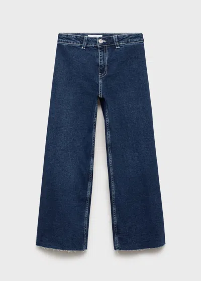 Mango Wideleg Low Frayed Hem Jeans Dark Blue In Blue