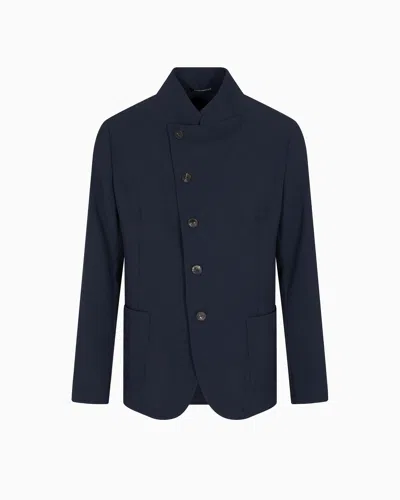 Emporio Armani Icon Guru-collar Jacket With Off-centre Fastening, In Three-dimensional Piqué-effect Crêpe Jersey In Blue
