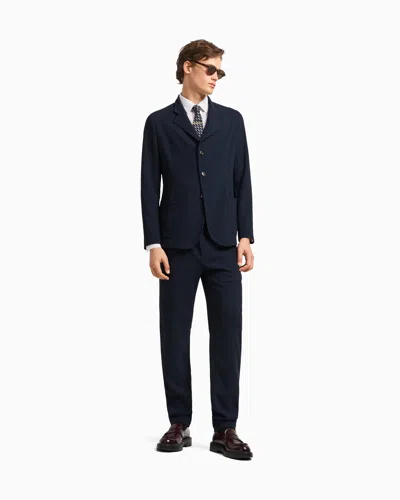 Emporio Armani Icon Guru-collar Jacket With Off-centre Fastening, In Three-dimensional Piqué-effect Crêpe Jersey In Blue