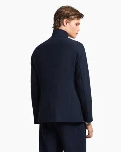 Emporio Armani Icon Guru-collar Jacket With Off-centre Fastening, In Three-dimensional Piqué-effect Crêpe Jersey In Blue