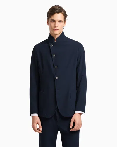 Emporio Armani Icon Guru-collar Jacket With Off-centre Fastening, In Three-dimensional Piqué-effect Crêpe Jersey In Blue