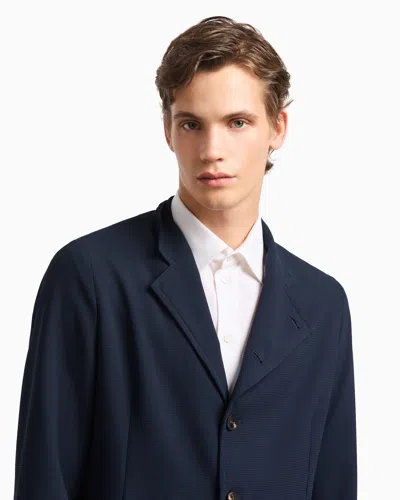 Emporio Armani Icon Guru-collar Jacket With Off-centre Fastening, In Three-dimensional Piqué-effect Crêpe Jersey In Blue