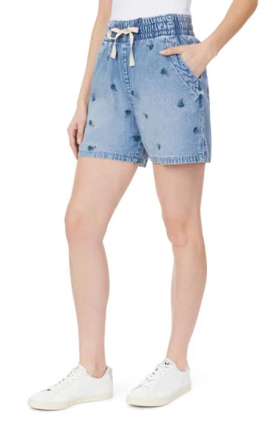 Kensie Embroidered Pull-on Denim Shorts In Blue