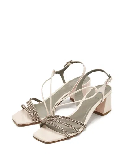 Pre-owned Gina  80mm Strappy Embellished Sandals In Neutral