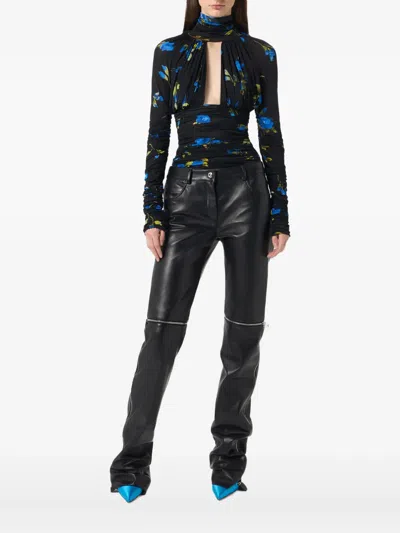 Blumarine Floral-print Ruched Bodysuit In Black