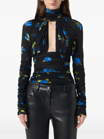 Blumarine Floral-print Ruched Bodysuit In Black