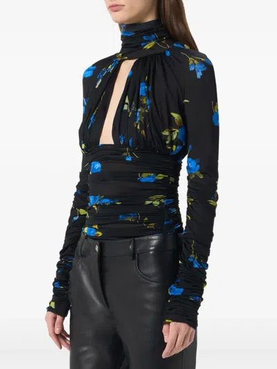 Blumarine Floral-print Ruched Bodysuit In Black