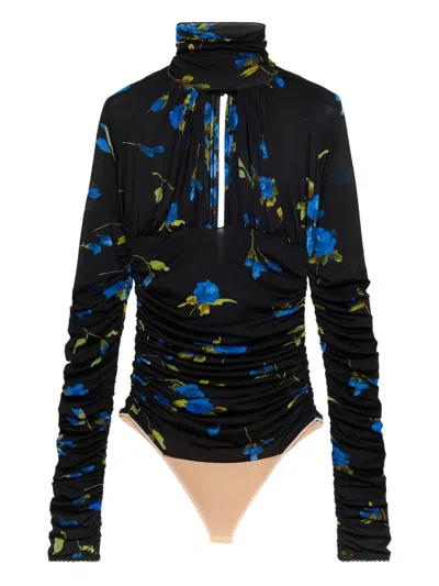 Blumarine Floral-print Ruched Bodysuit In Black