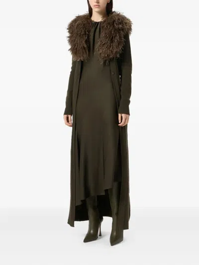 Blumarine Green Long Dress With Removable Feather Collar In Wool Woman In Green