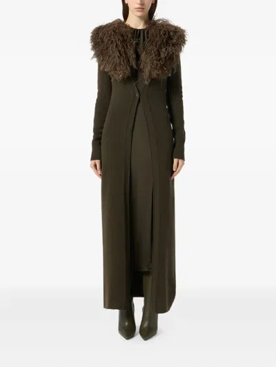 Blumarine Green Long Dress With Removable Feather Collar In Wool Woman In Green