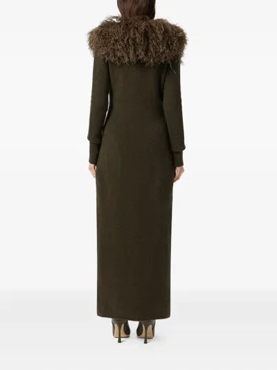 Blumarine Green Long Dress With Removable Feather Collar In Wool Woman In Green