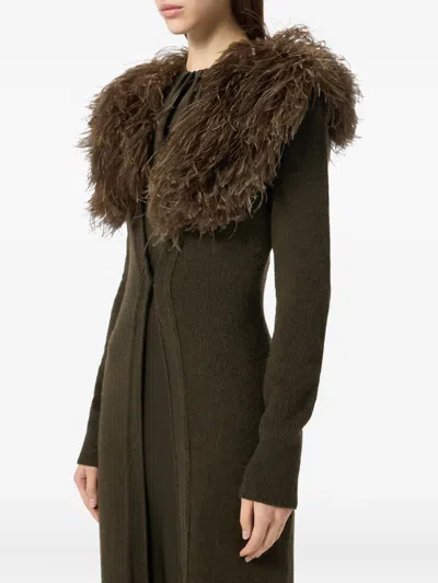 Blumarine Green Long Dress With Removable Feather Collar In Wool Woman In Green