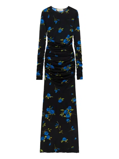 Blumarine Ruched Floral Maxi Dress In Black
