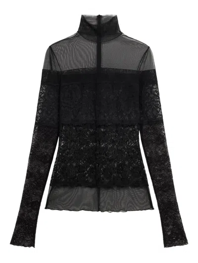 Blumarine Sheer-lace Mock-neck Top In Black