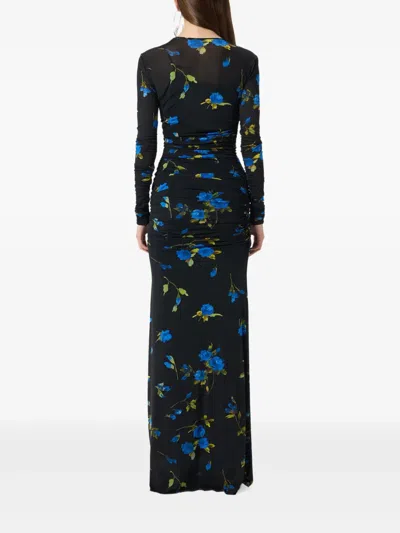 Blumarine Ruched Floral Maxi Dress In Black