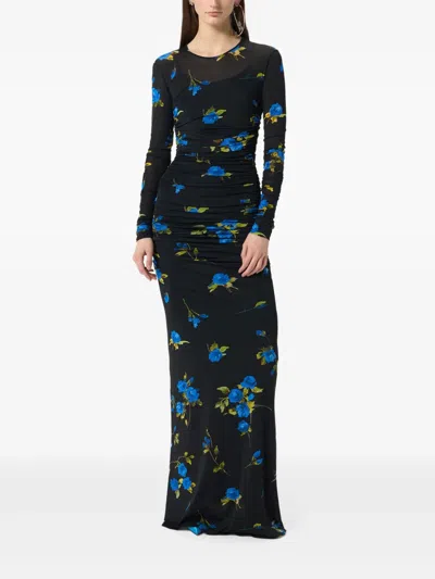 Blumarine Ruched Floral Maxi Dress In Black