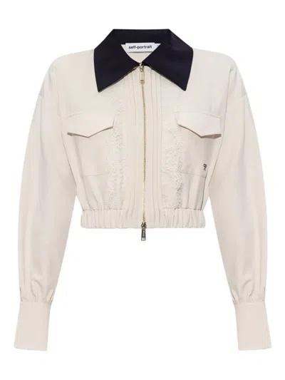 Self-portrait Lace-trimmed Zip-front Jacket In White