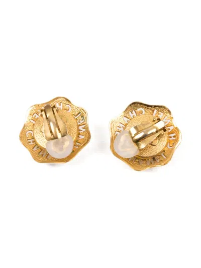 Pre-owned Chanel 1980s Pearl-embellished Round-logo Earrings In Gold