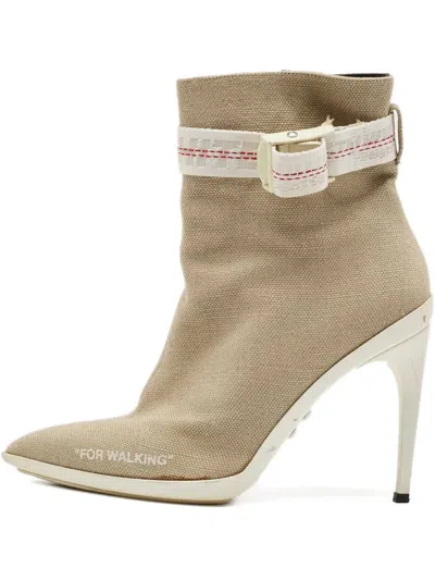 Pre-owned Off-white 100mm Buckle-strap Canvas Boots In Gray