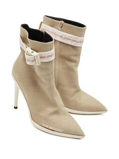 Pre-owned Off-white 100mm Buckle-strap Canvas Boots In Gray