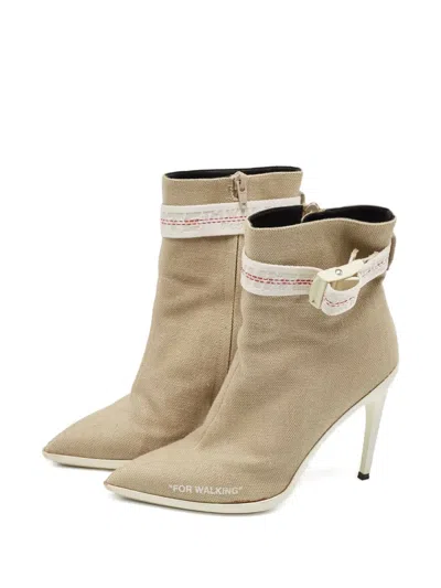 Pre-owned Off-white 100mm Buckle-strap Canvas Boots In Gray