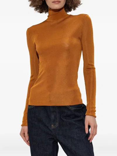 Self-portrait High-neck Fitted Top In Brown