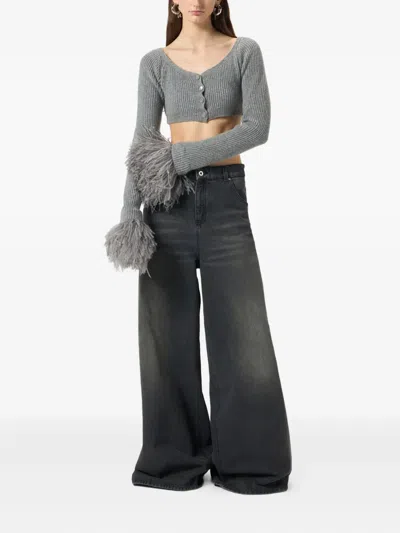 Blumarine Cropped Ribbed Cardigan In Gray